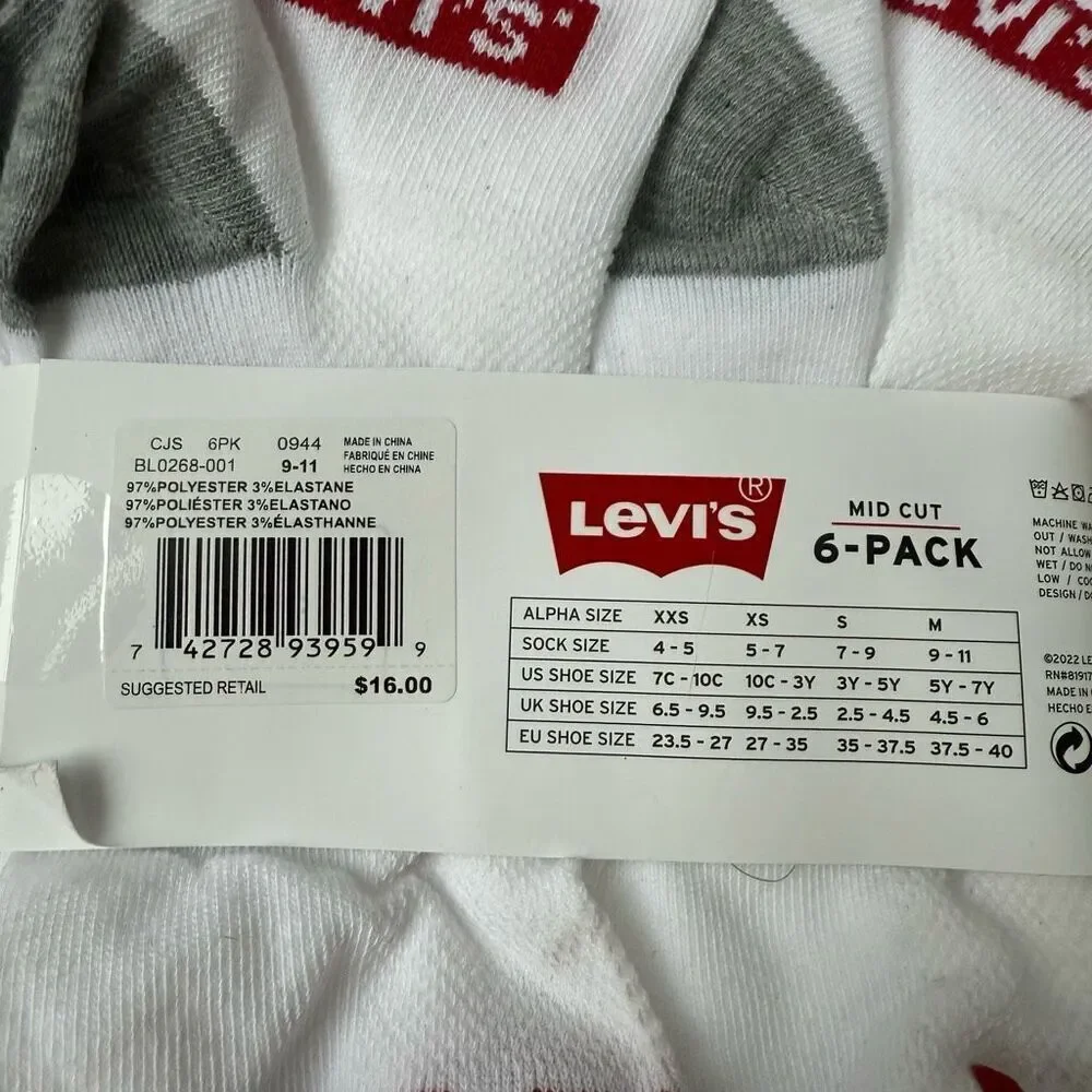 Levi's Kids boys Mid Cut 12 pairs Socks size M shoe size 5-7Y NWT